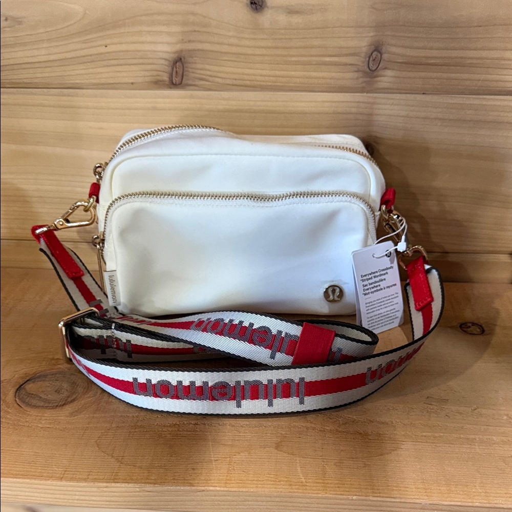lululemon athletica White Crossbody Bag with Red-Trim Branded Strap